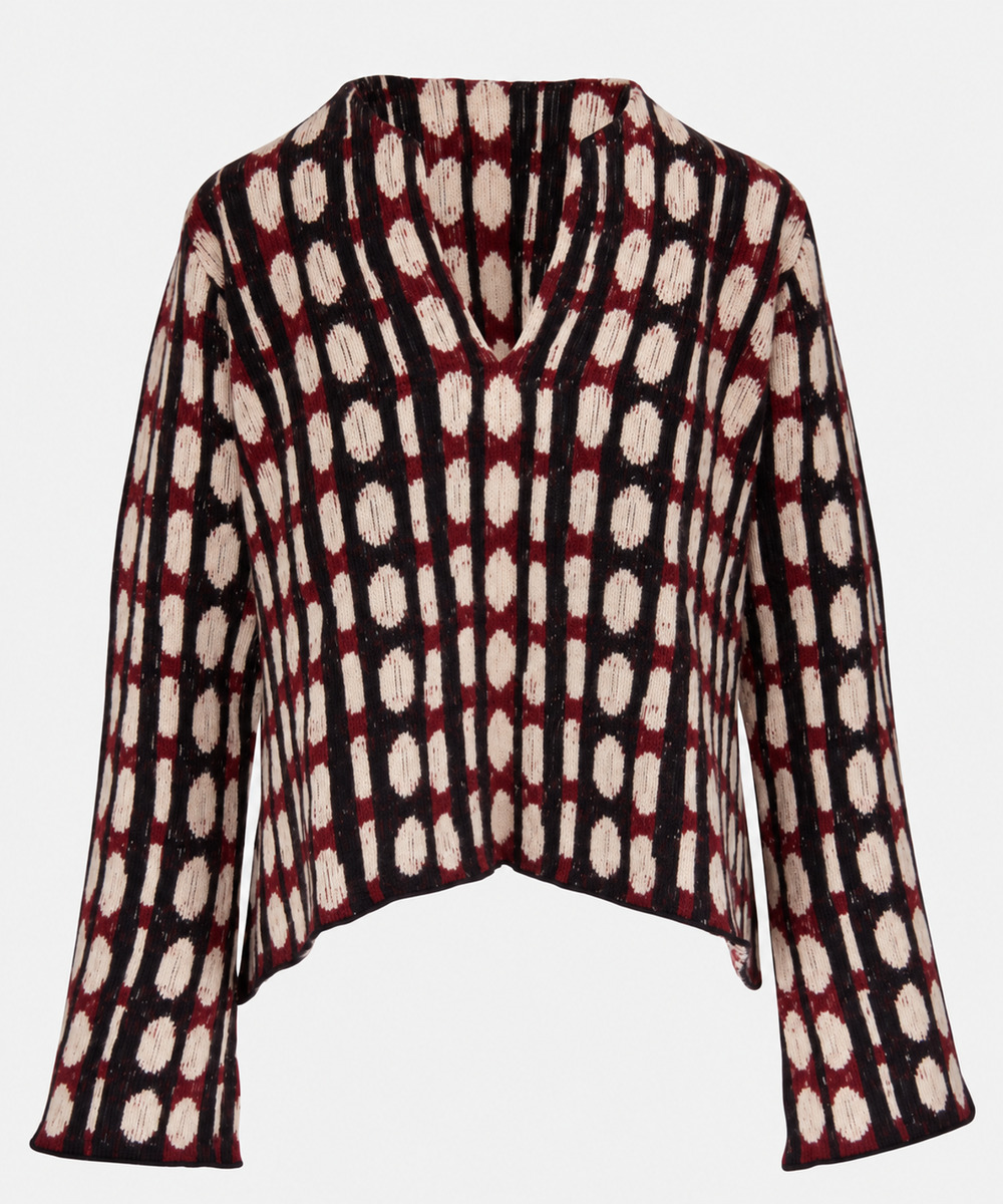 KHAITE 100% Cashmere Geometric Oval Jacquard Split V-Neck Flared Sleeve Sweater